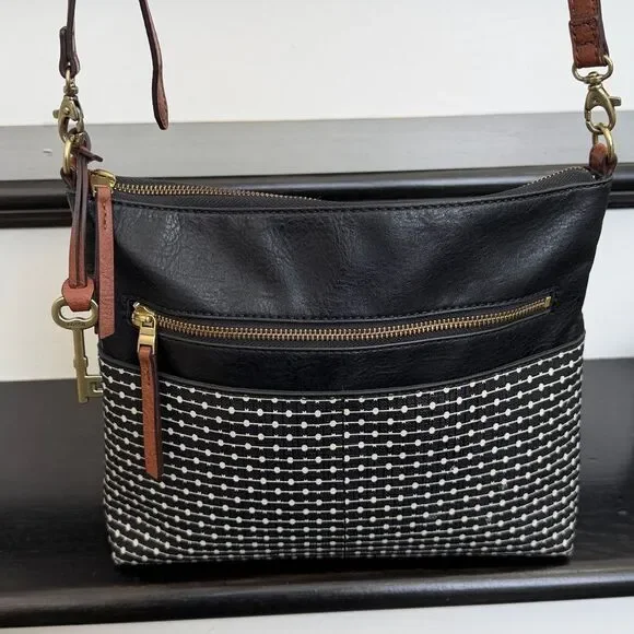 Fossil genuine leather waxed canvas crossbody shoulder handbag purse neutral - Picture 9 of 14